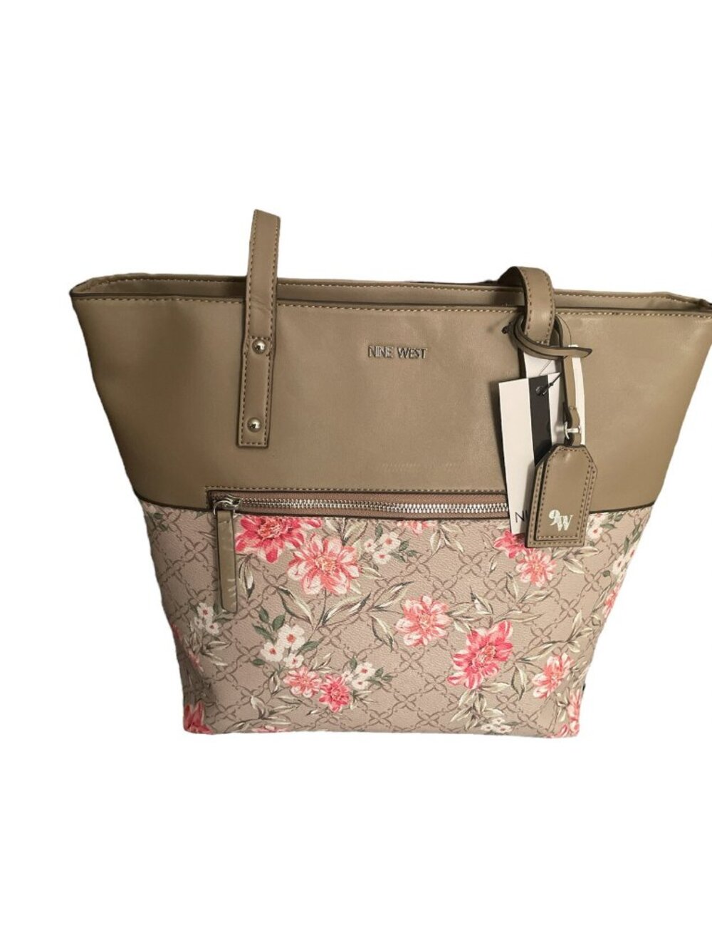 Nine West Begonia Casual Tote Shoulder Handbag Logo Floral California Tan